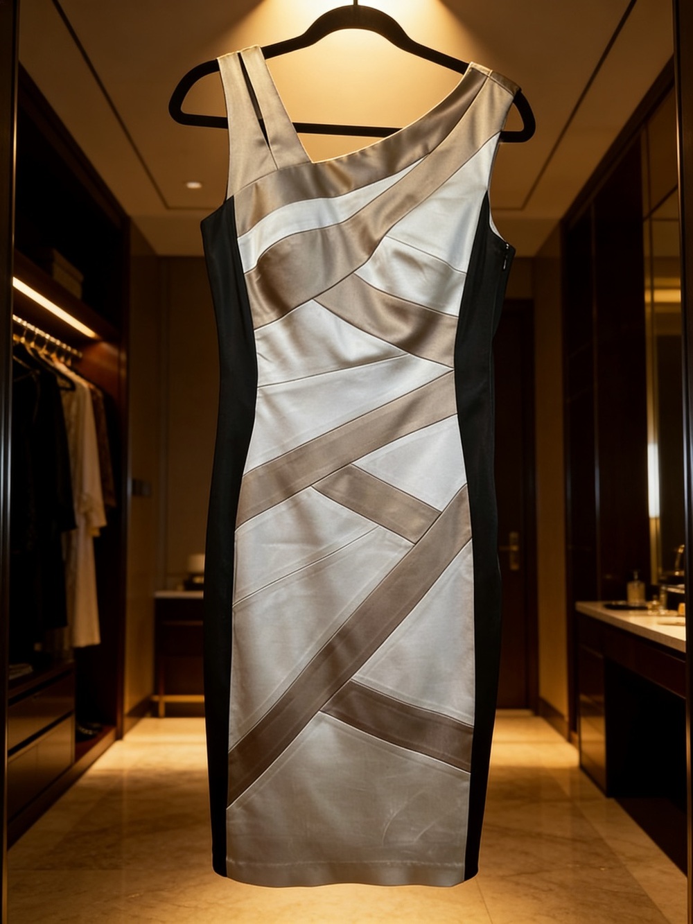 Jax One-Shoulder Satin Sheath Dress in Champagne and Black size 6